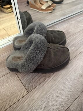 UGG Gray Suede Shearling Mule Slippers